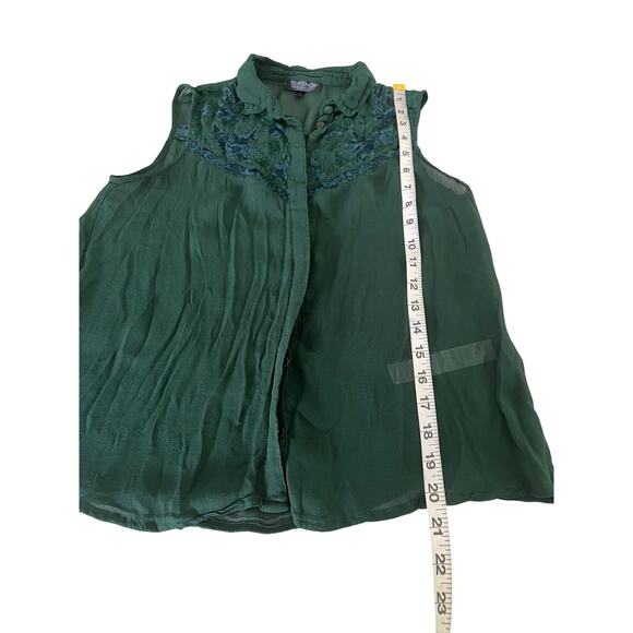 Topshop Green Sheer Blouse Blue Lace Woman Size 4 Sleeveless Button Up - Picture 8 of 8